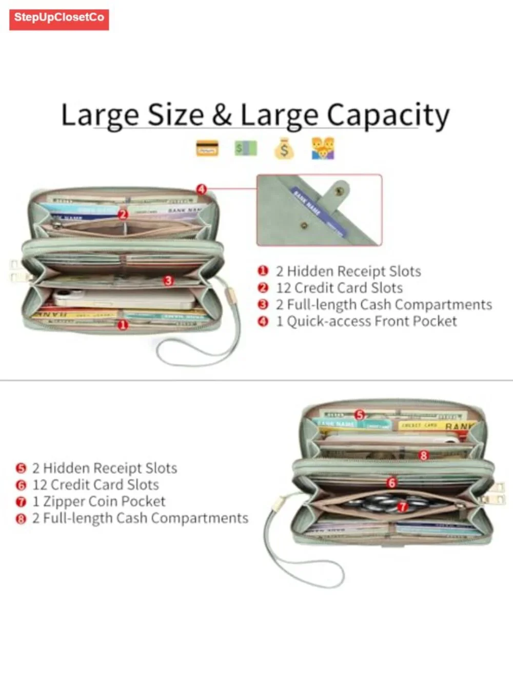 Large Capacity Faux Leather Clutch Wristlet Wallet RFID Blocking Card Holder